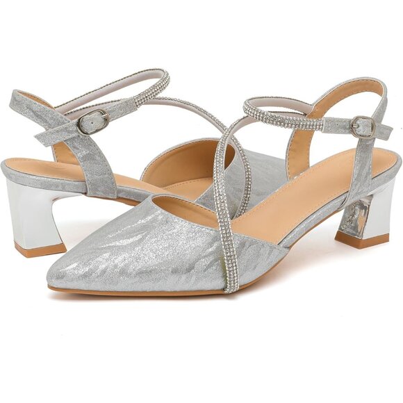 Dadawen Women's Champagne Closed Pointed Toe Low Chunky Heels Pumps Ankle Strap - Picture 7 of 7